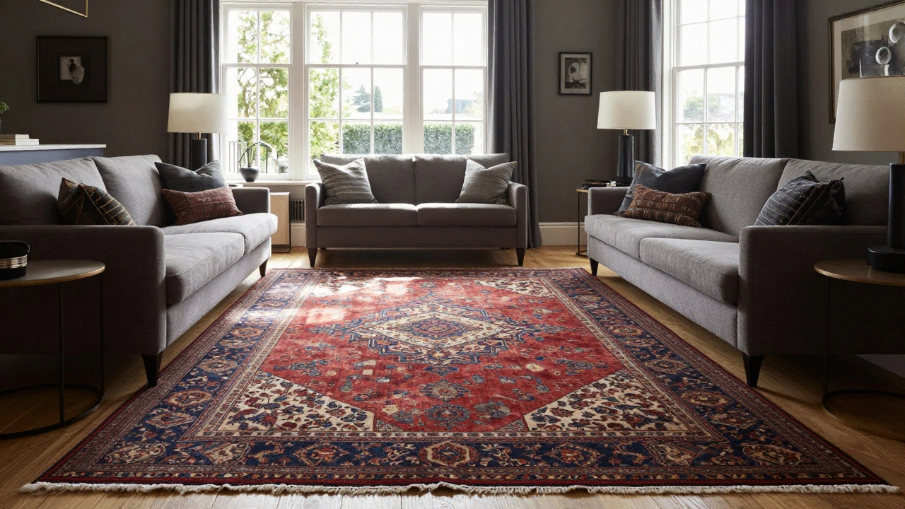 Luxury silk rug in sunlit elegant living room