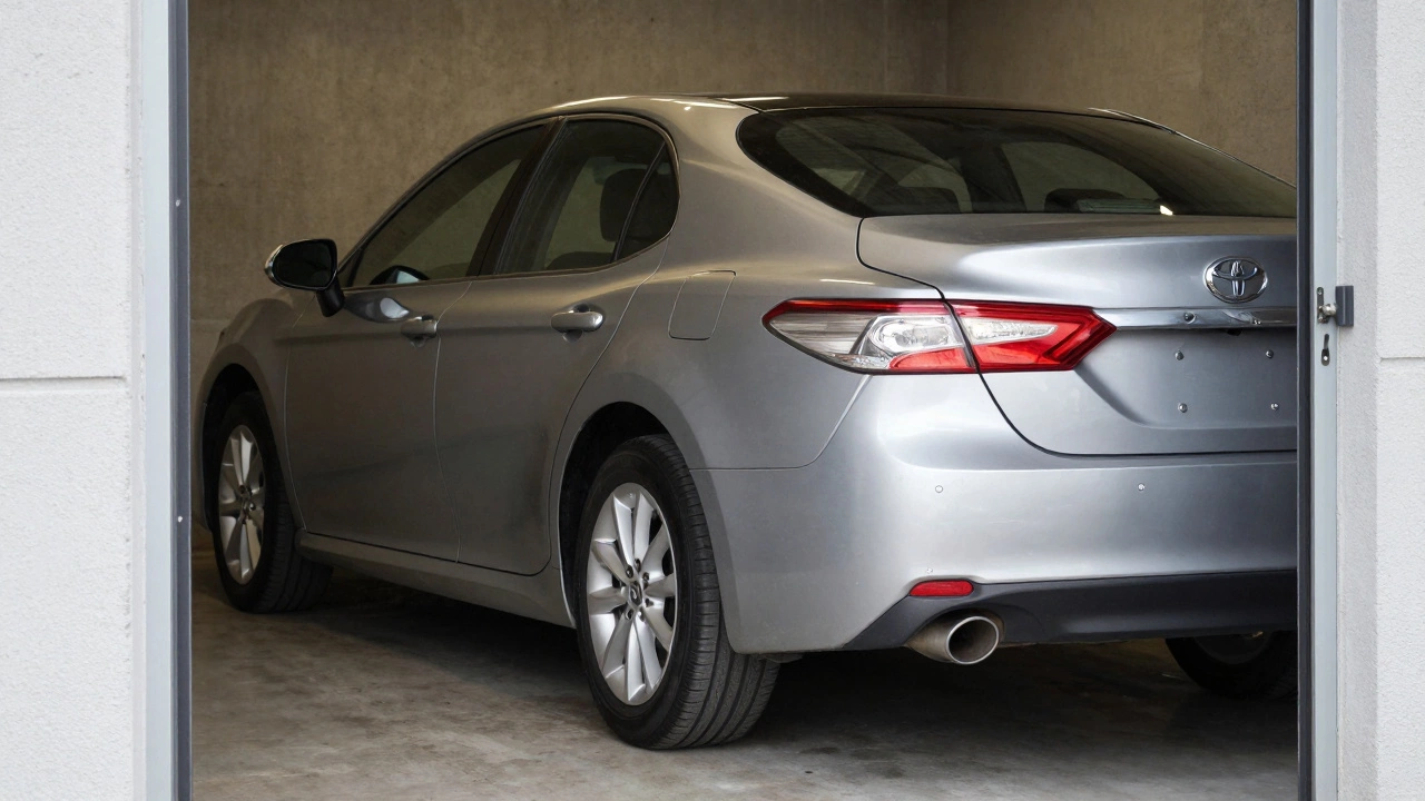 Mid-size sedan tightly fitted in a 10x20 storage unit with minimal clearance