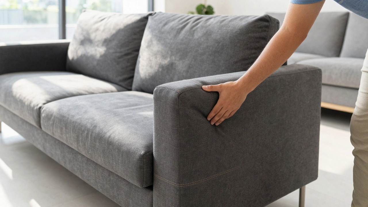 Person checking fabric tension and stitching on a grey sofa in a showroom