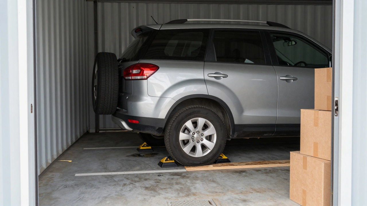 Small SUV safely parked in a 10x20 unit with wheel chocks and protective measures