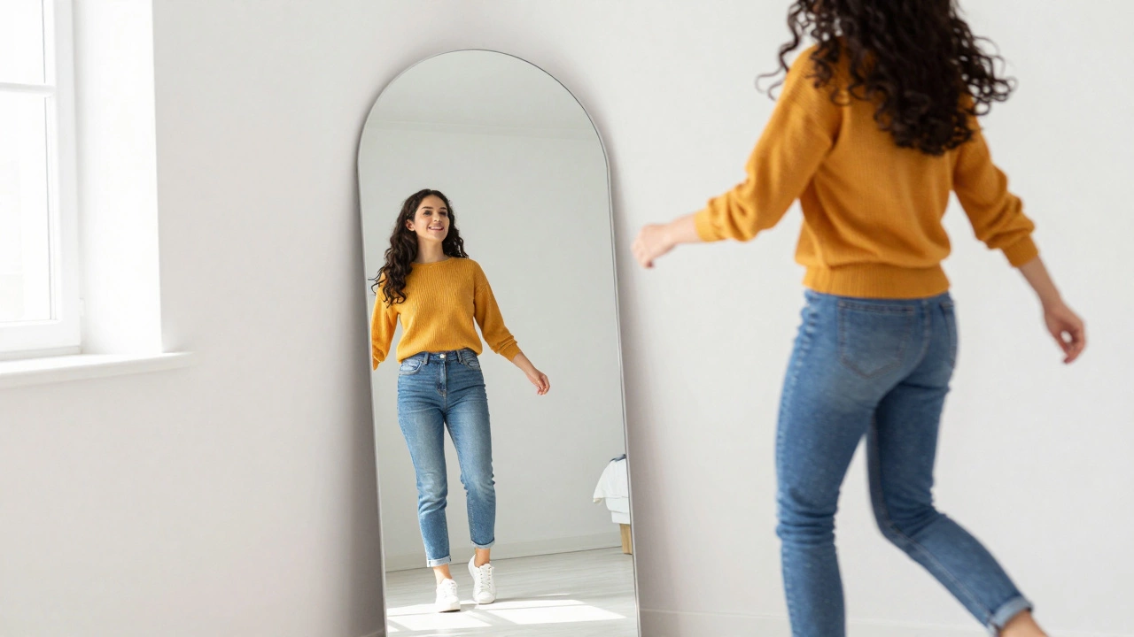 Stylish person doing an outfit transition in front of a large arched bedroom mirror.