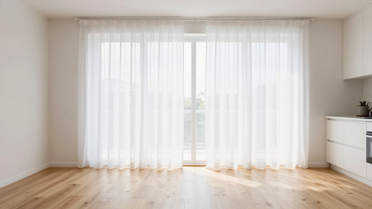 White sheer curtains hovering slightly above a wooden floor in a bright, minimalist room.