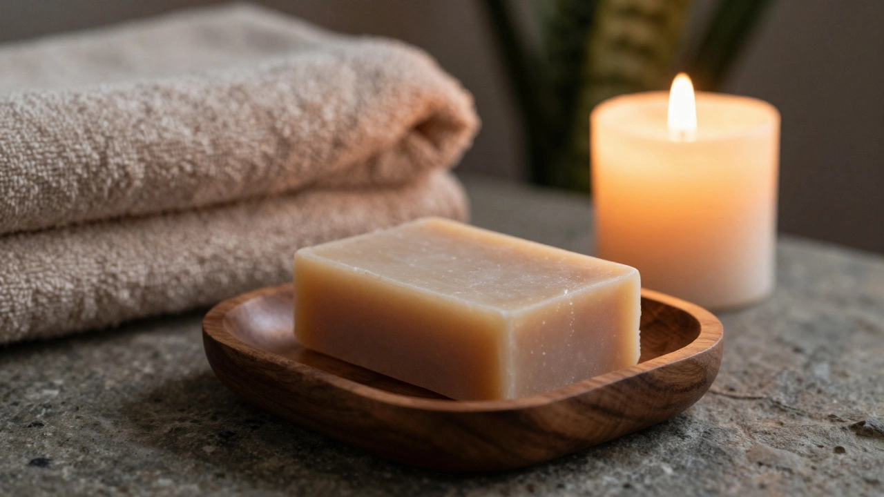 Close up of natural soap on wood tray with candlelight and linen textures