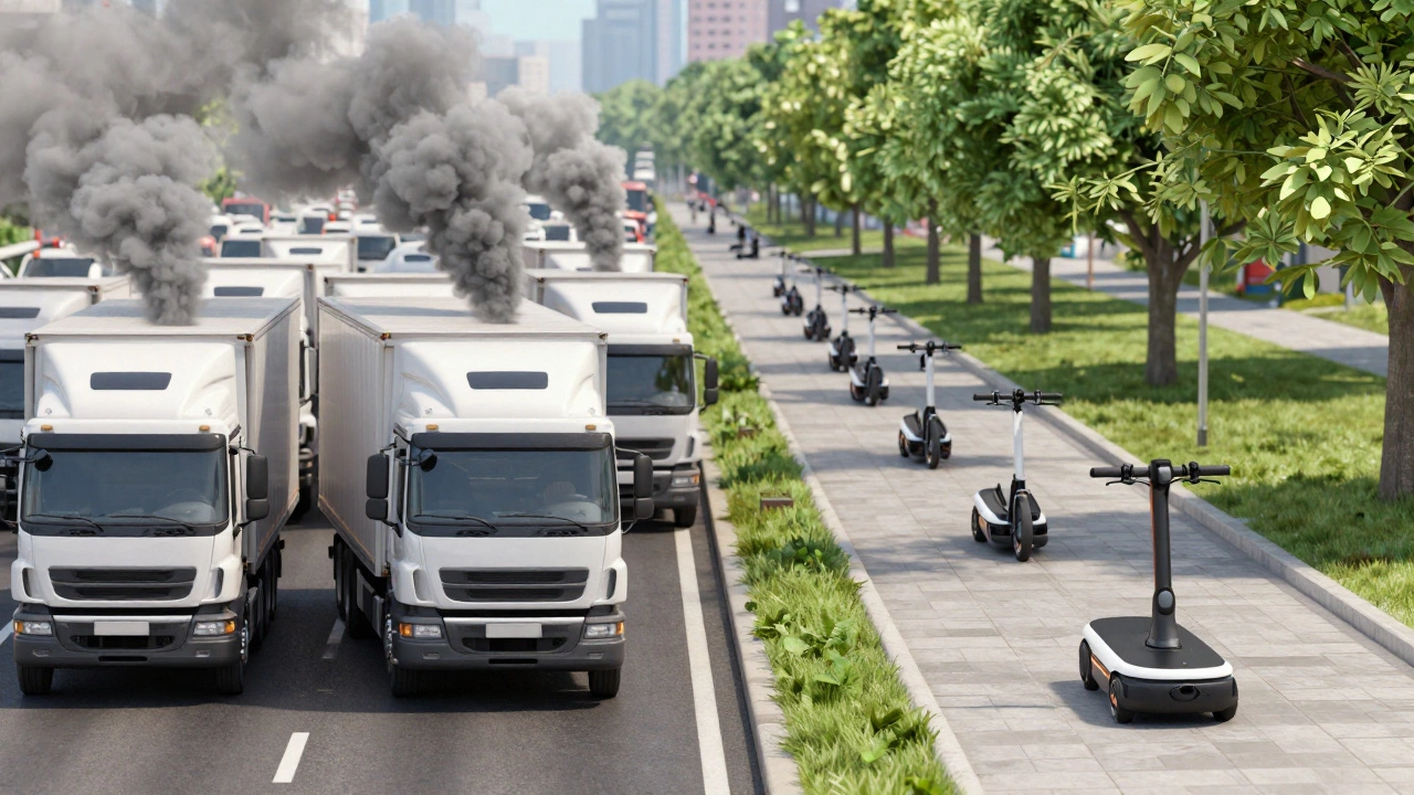 Comparison of polluting trucks versus eco-friendly e-bikes and robots for delivery.