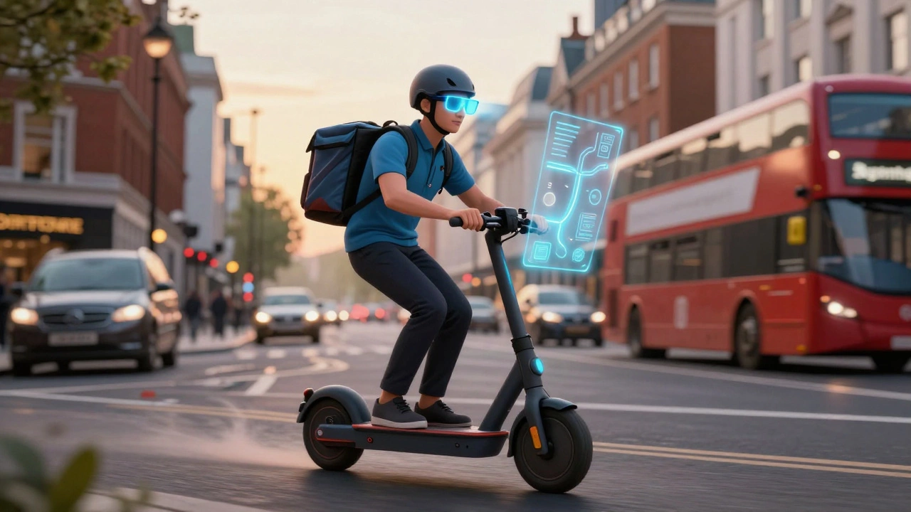 Courier on an electric scooter using AR navigation to deliver a package in London.