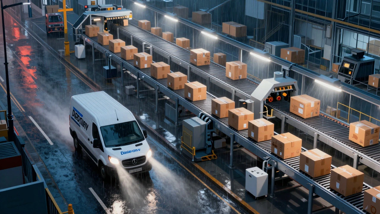 Courier van in rainy London street and automated sorting facility conveyor belts at night