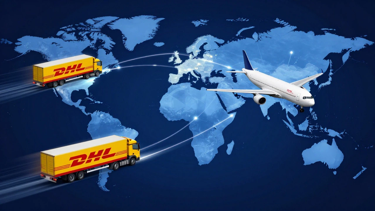 Global logistics network highlighting DHL express routes to Europe