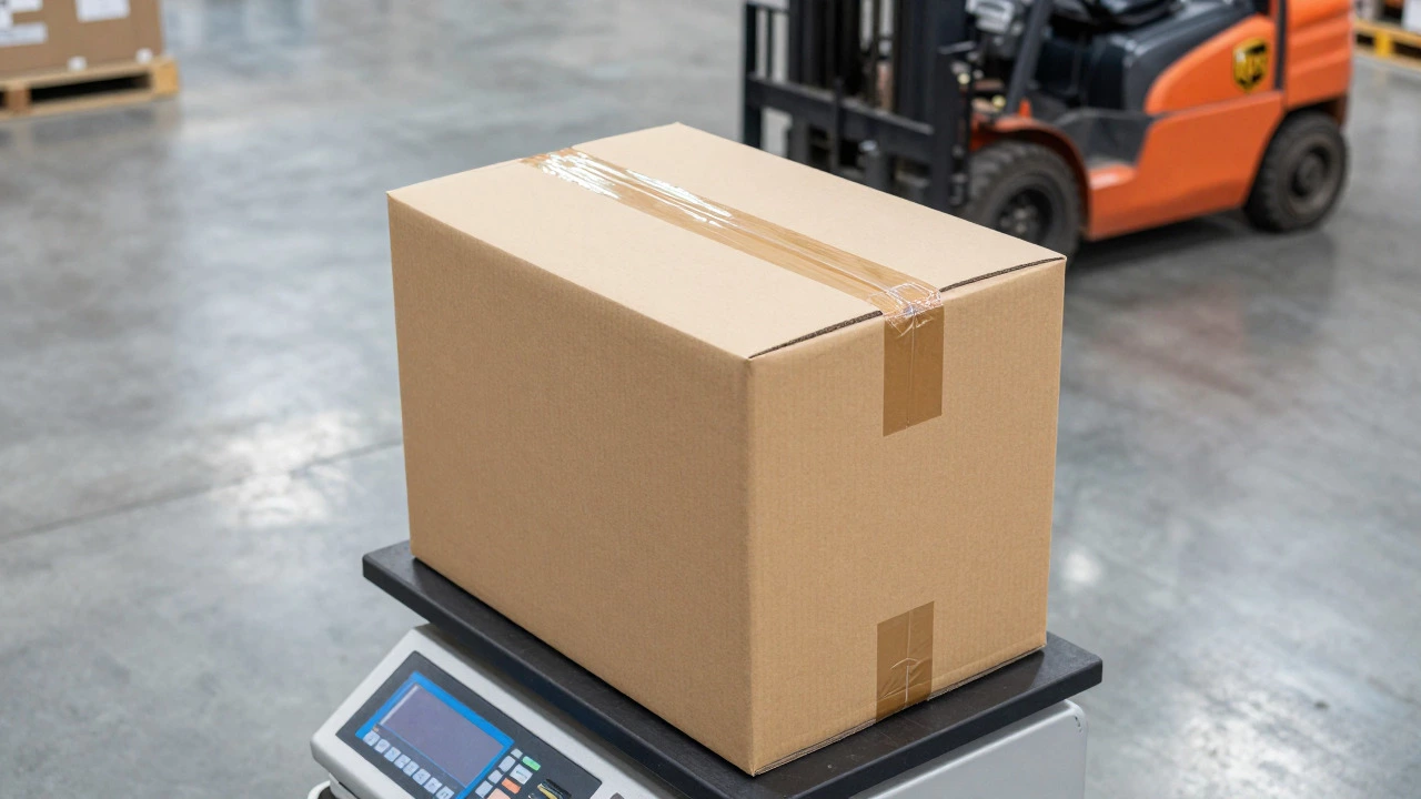 Heavy tool box on scale in warehouse illustrating UPS for large packages