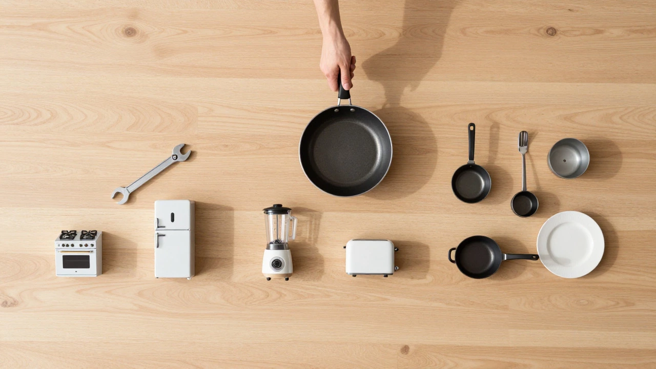 Kitchen items sorted into three zones: appliances, small tools, and ware
