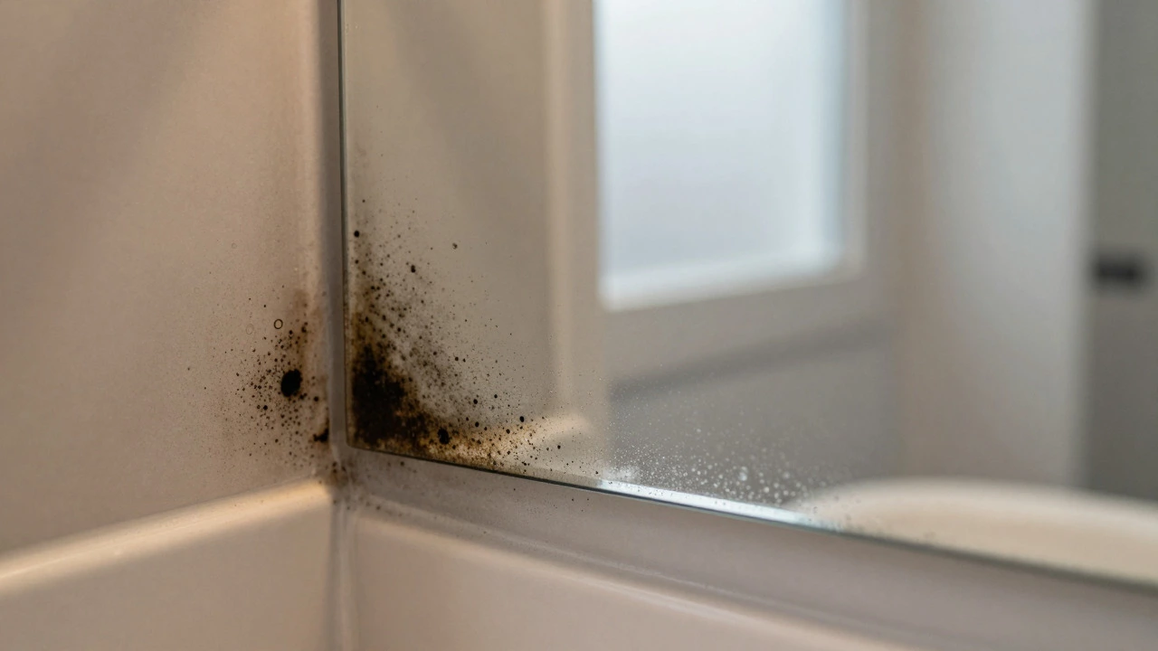 Mirror corner showing black rot spots vs pristine sealed edge