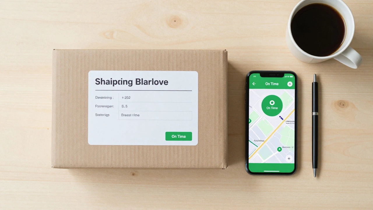 Packed parcel and smartphone with tracking app on a tidy desk in soft morning light