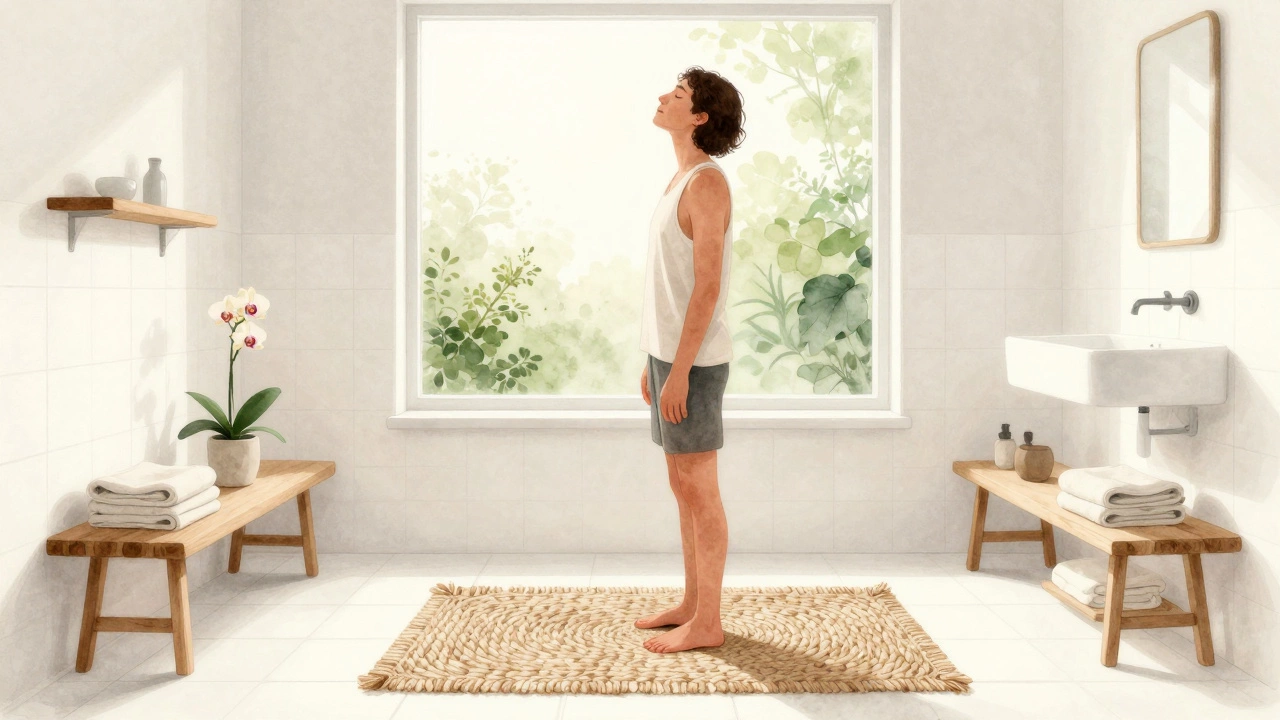 Person practicing mindfulness in a bright, plant-filled serene bathroom