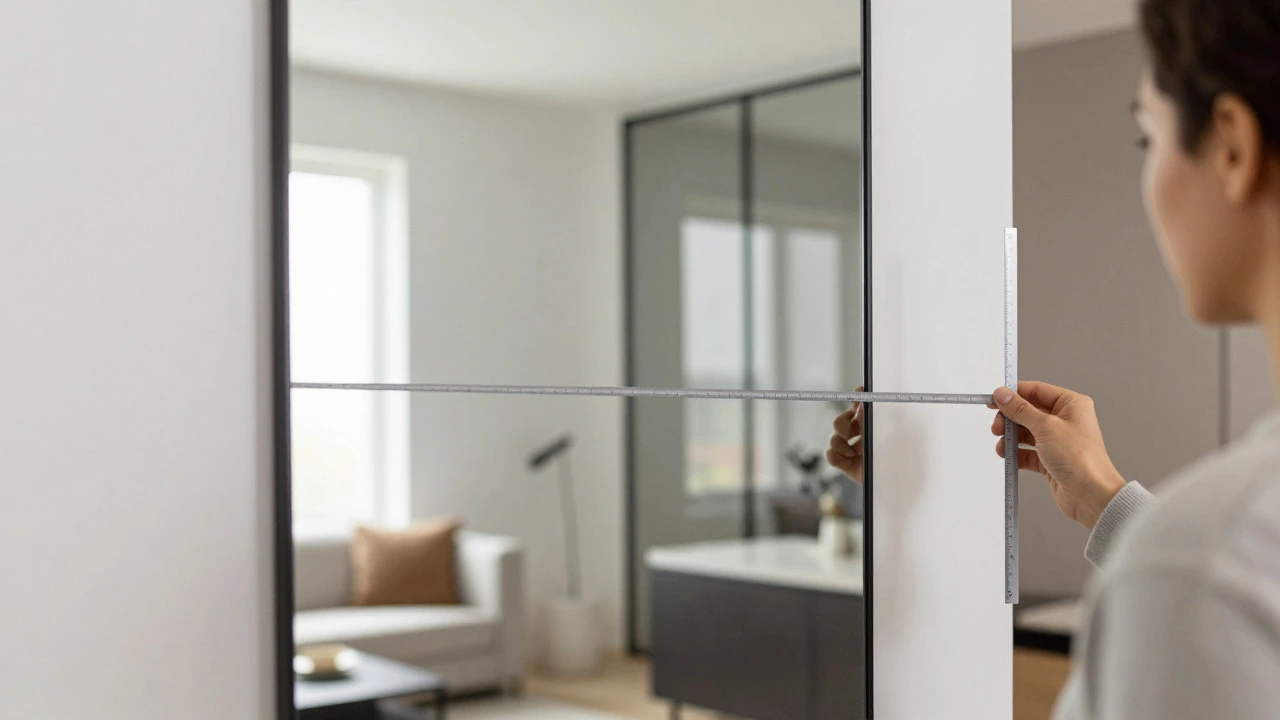 Person testing mirror flatness with a straight line reflection