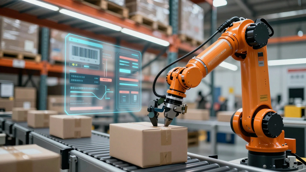 Robotic arm picking items in an automated warehouse with digital tracking overlays visible.