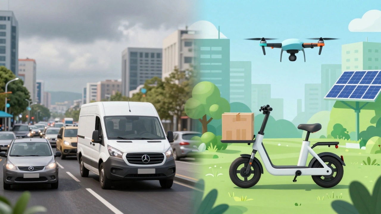 Split view comparing traditional traffic congestion with eco-friendly electric bikes and drones for delivery.