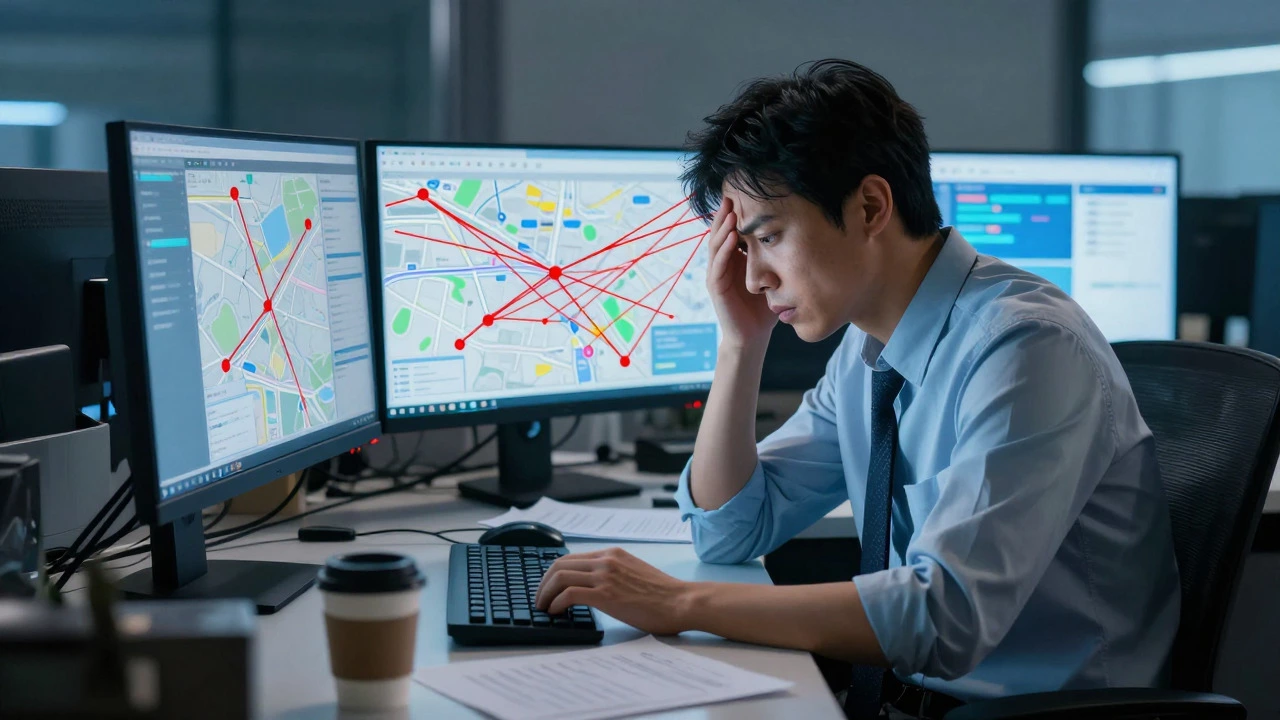 Stressed dispatcher managing complex routes on multiple screens