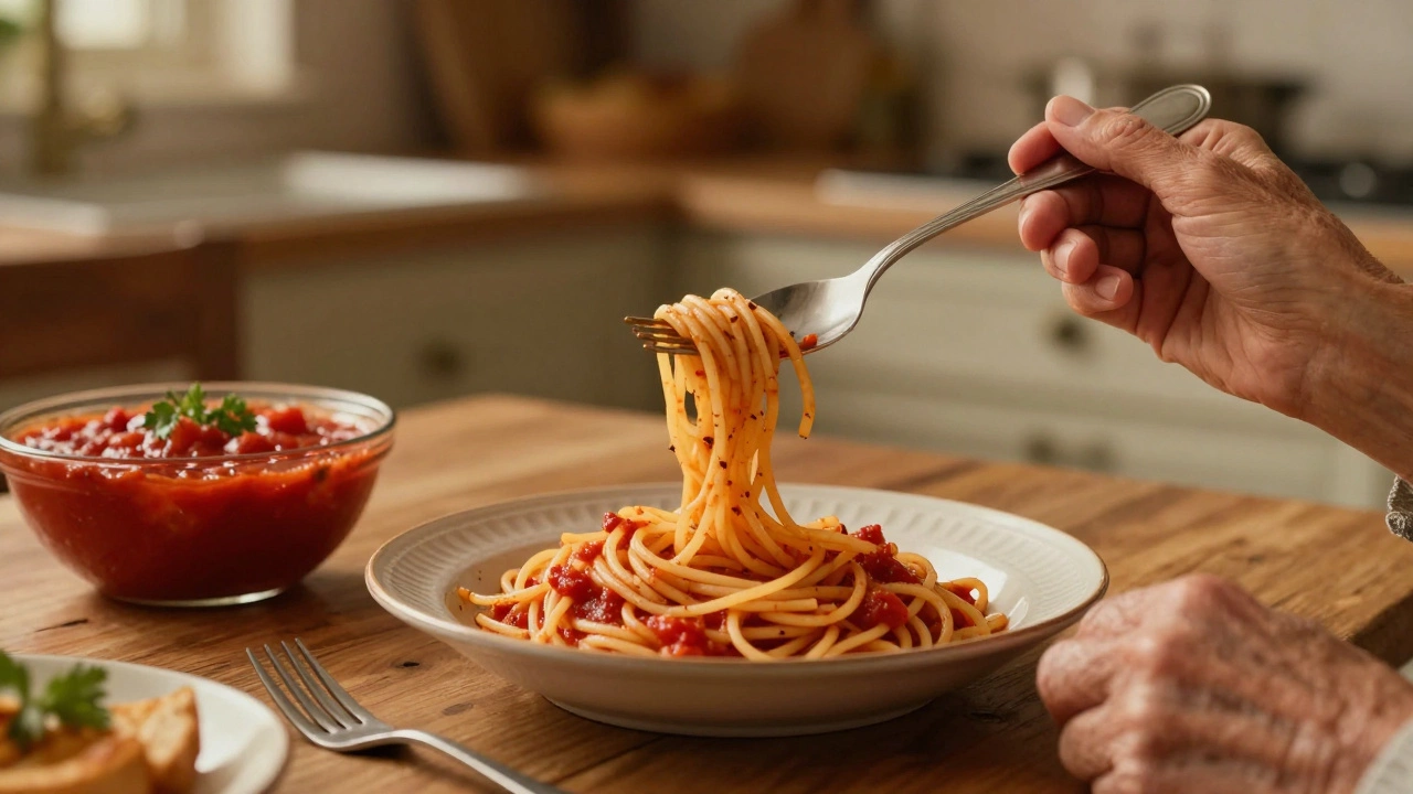 Twirling spaghetti with fork and spoon on table