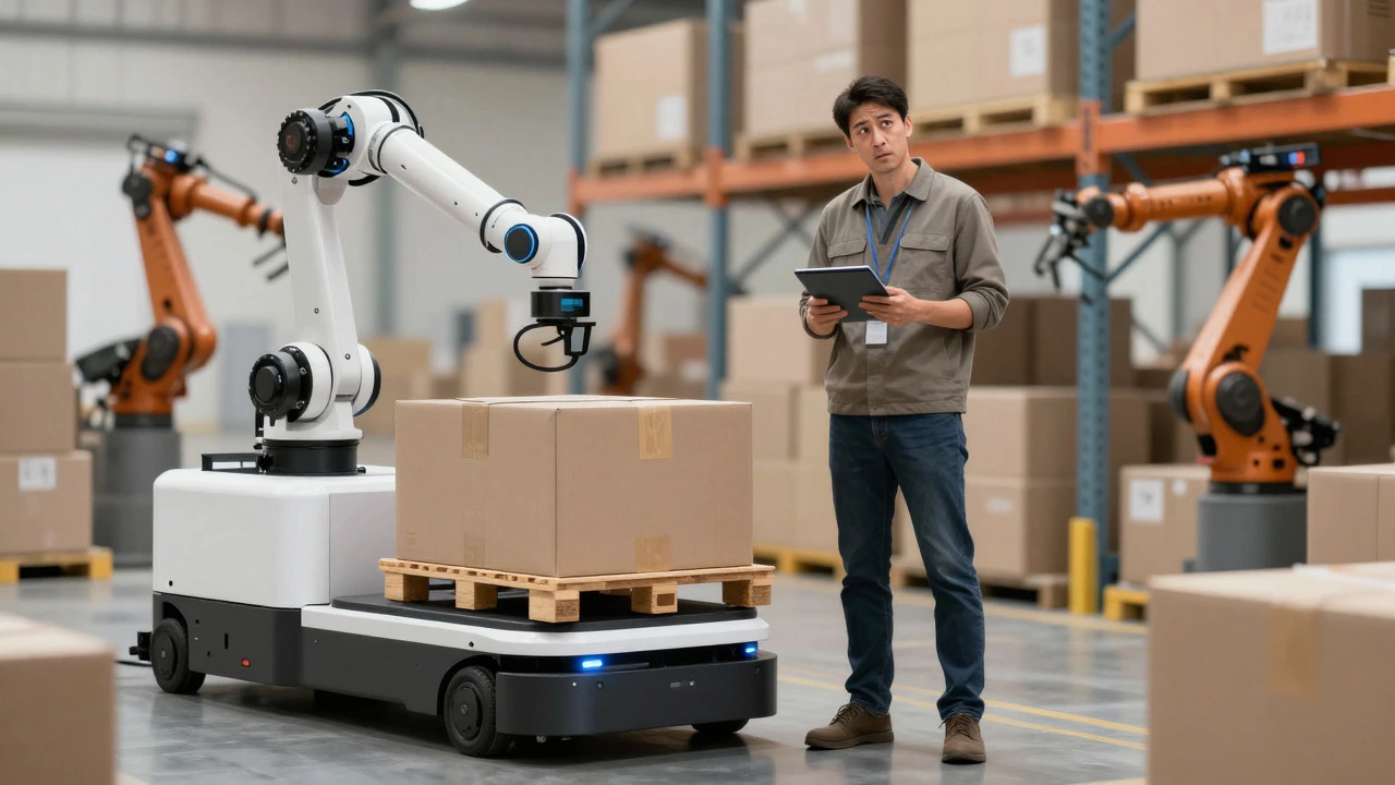 Worker standing next to automated guided vehicle in warehouse