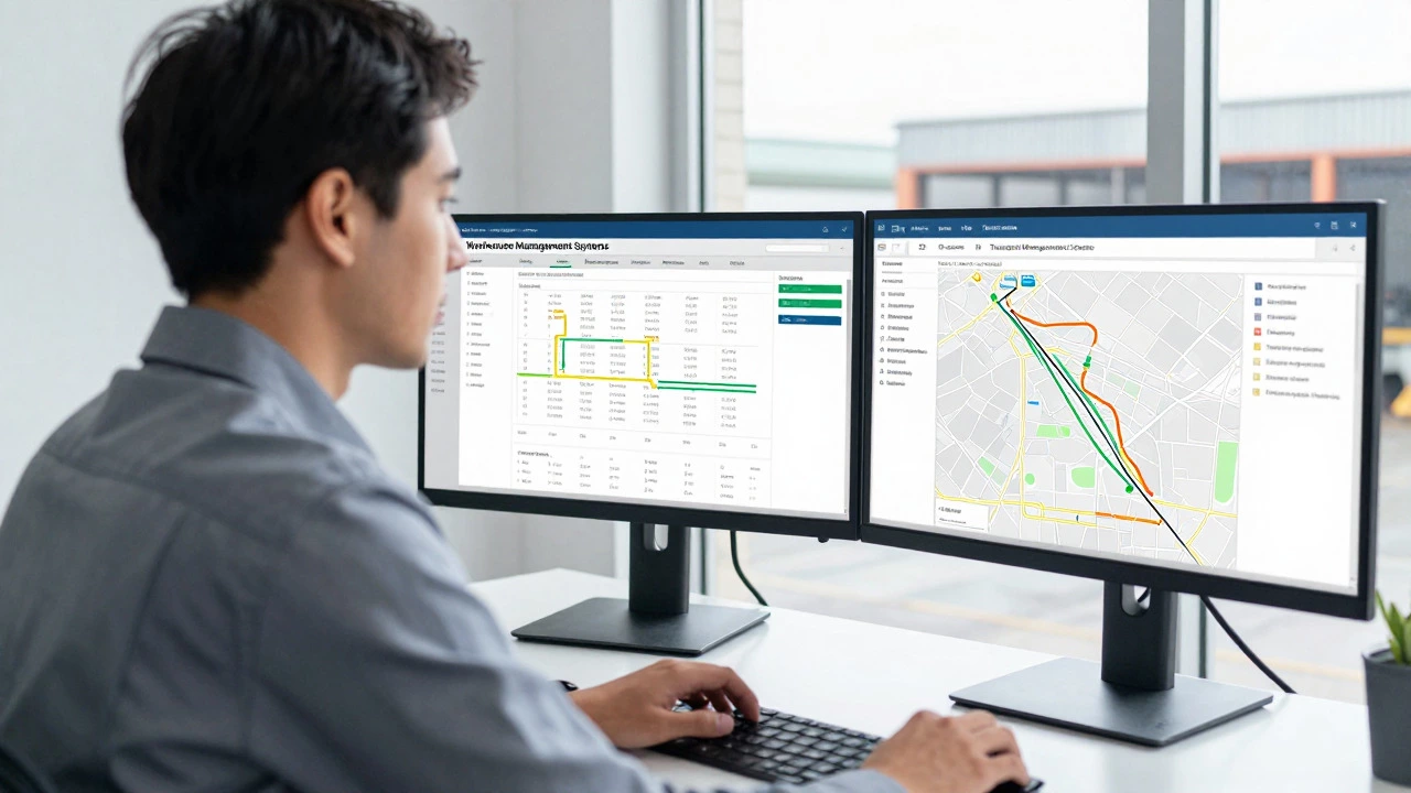 A logistics coordinator analyzing data on computer monitors in an office