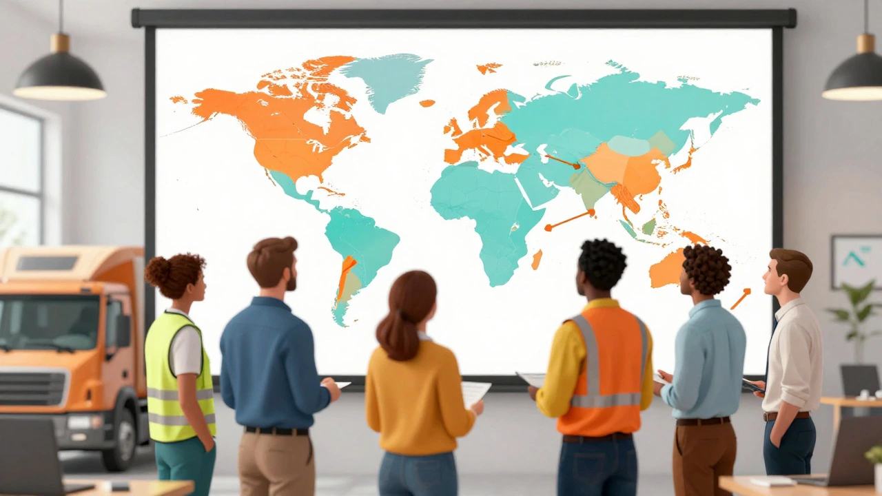 A team of logistics professionals collaborating around a strategic map