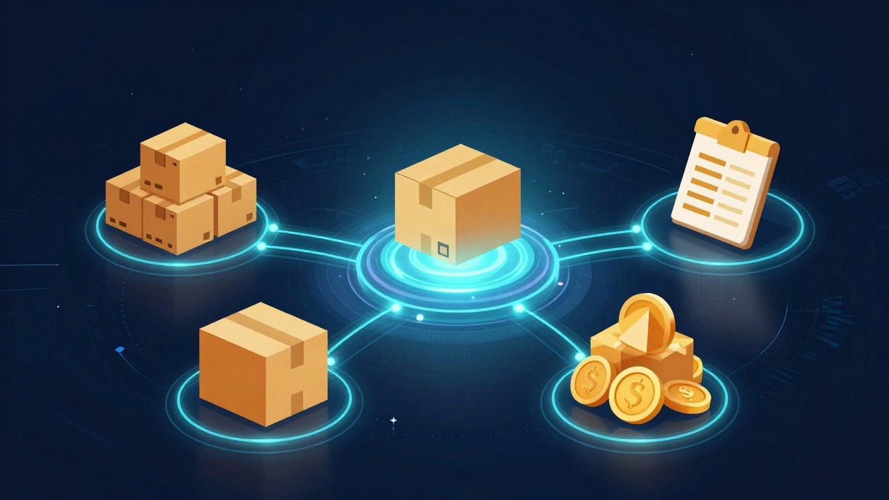 Abstract illustration of light trails connecting inventory, shipping, and finance concepts