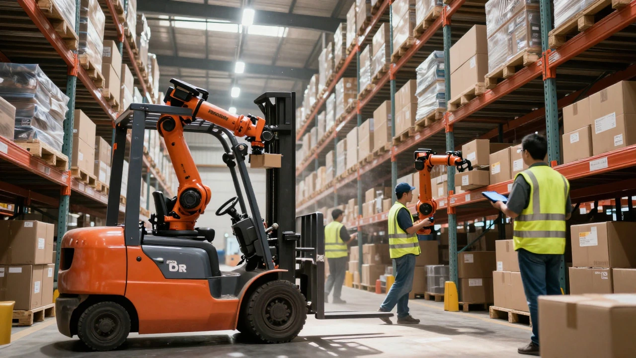 Automated warehouse workers and robots processing orders efficiently
