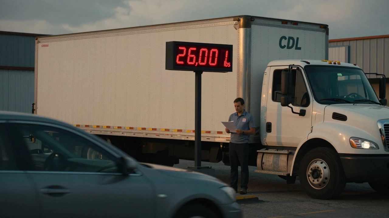 Box truck near scale displaying 26,001 lbs weight limit warning