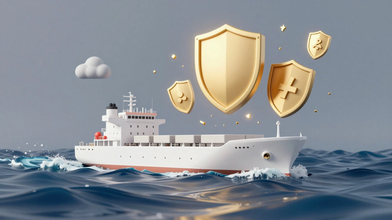 Cargo ship navigating turbulent waters protected by golden shields