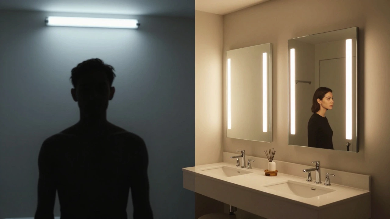 Comparison of harsh overhead lighting versus warm Hollywood mirror lighting