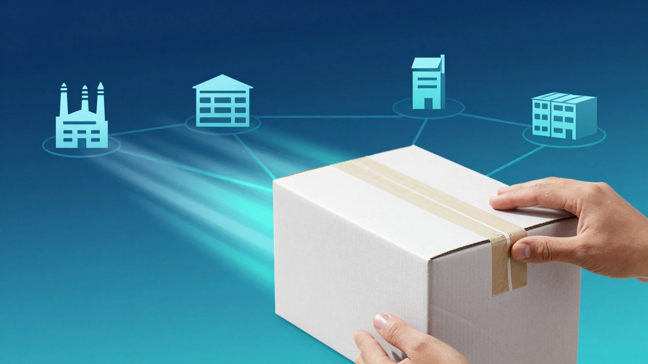 Conceptual art of a shipping box connecting to global suppliers via abstract lines