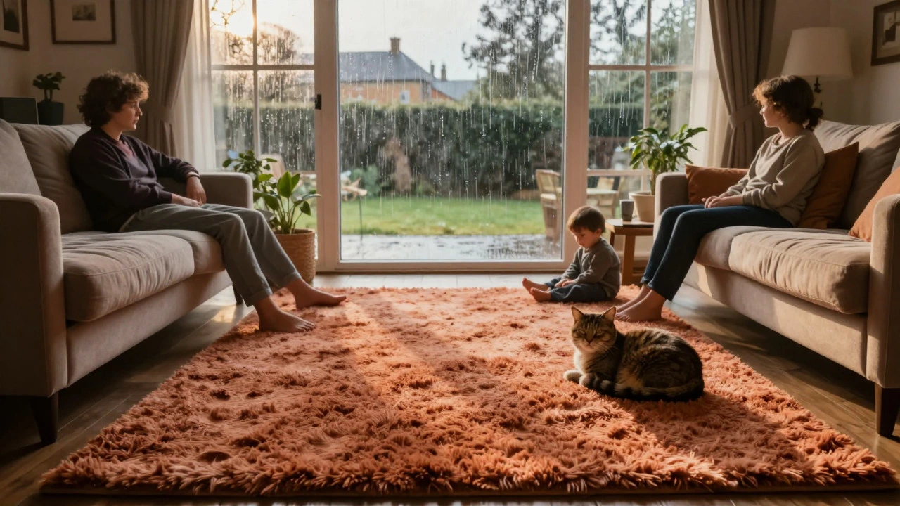 Cozy living room with family relaxing barefoot on a warm, high-pile shag rug