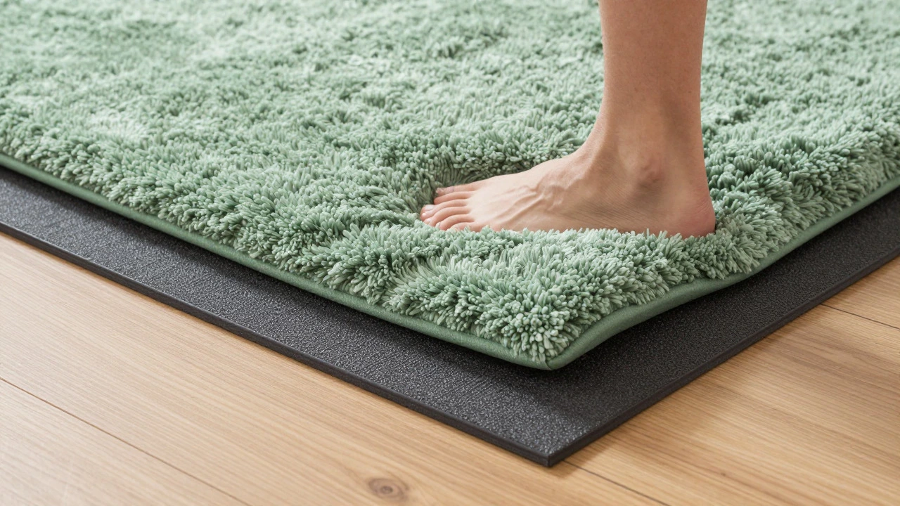 Cross-section diagram showing rug padding layer between timber floor and plush rug