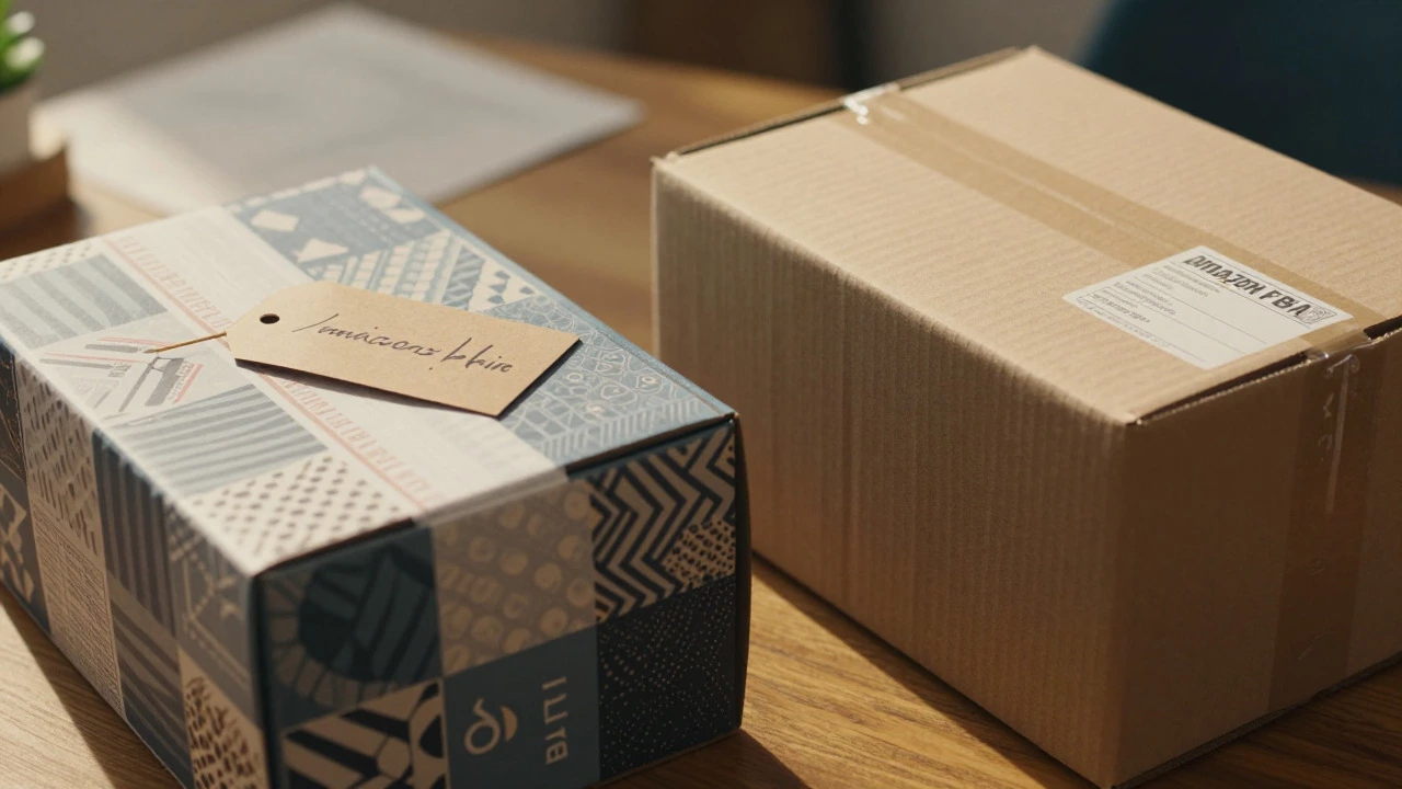 Custom branded box next to generic brown shipping package