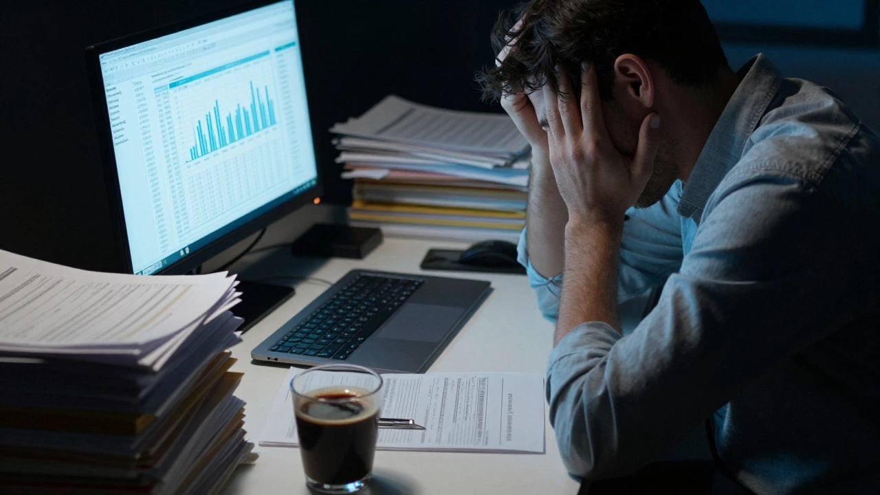 Entrepreneur working late on invoices and cash flow spreadsheets