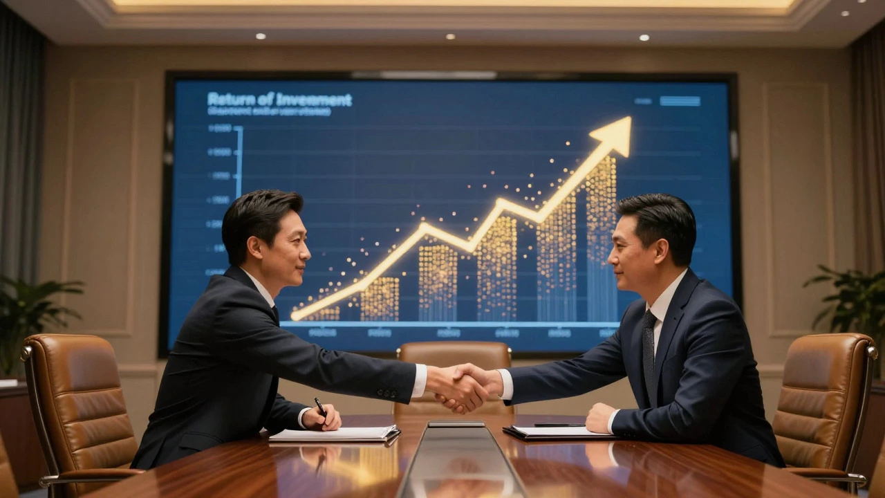 Executives shaking hands in a boardroom with ROI visualization