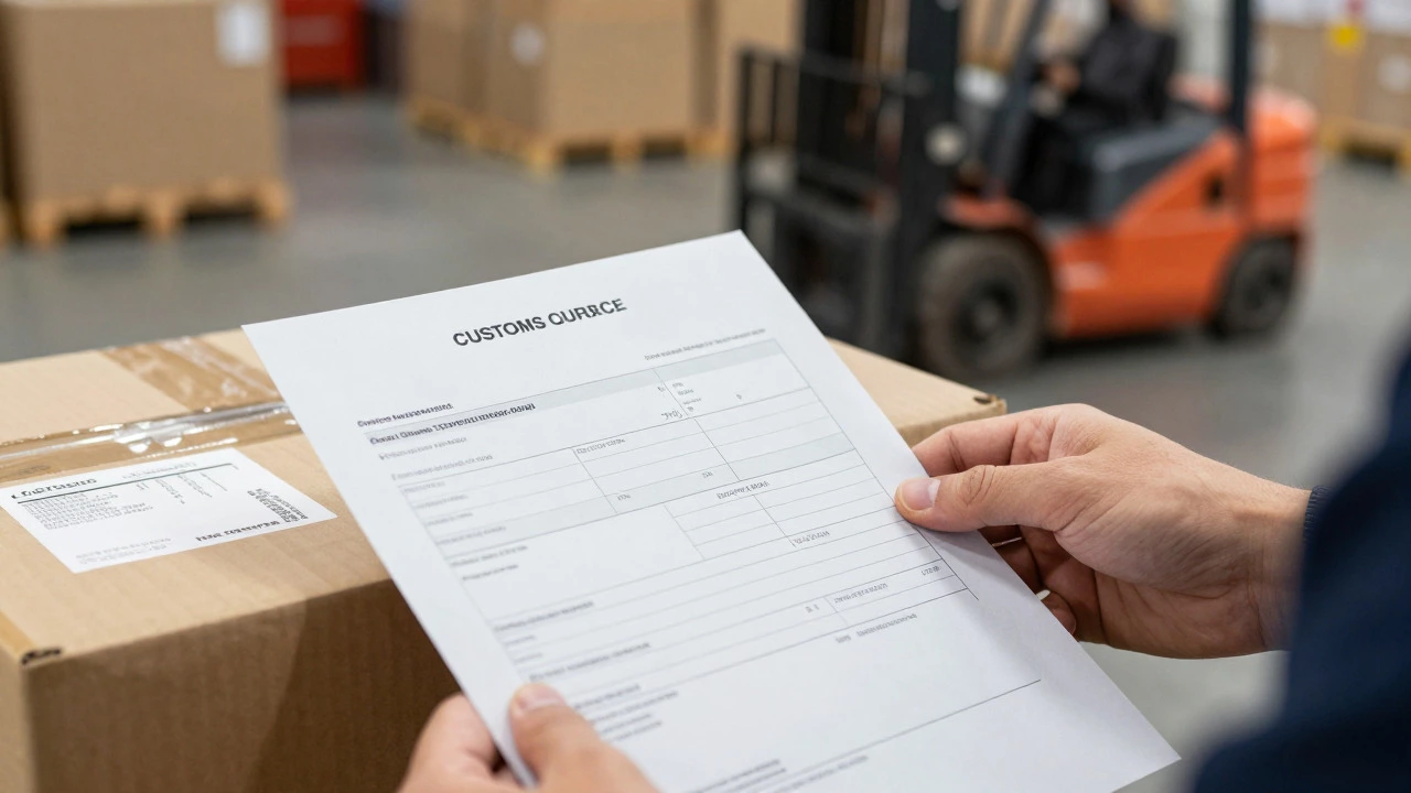 Hand holding customs invoice next to an international package