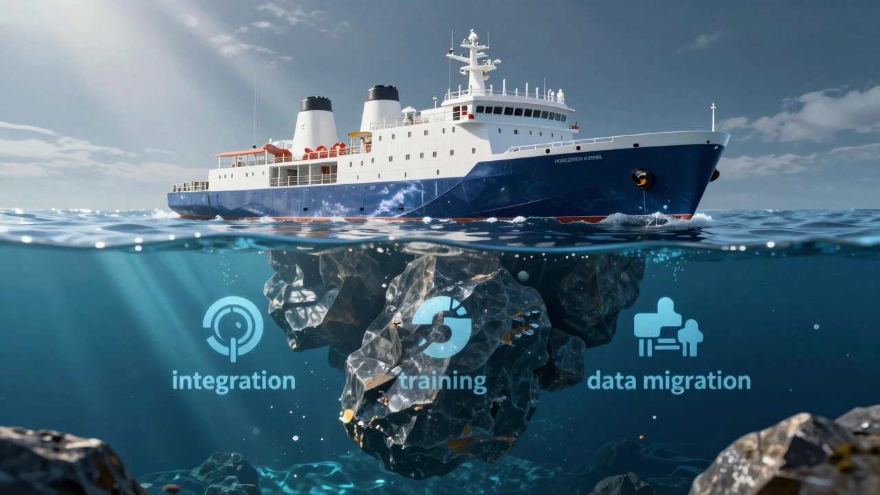 Iceberg metaphor showing hidden software costs beneath the surface