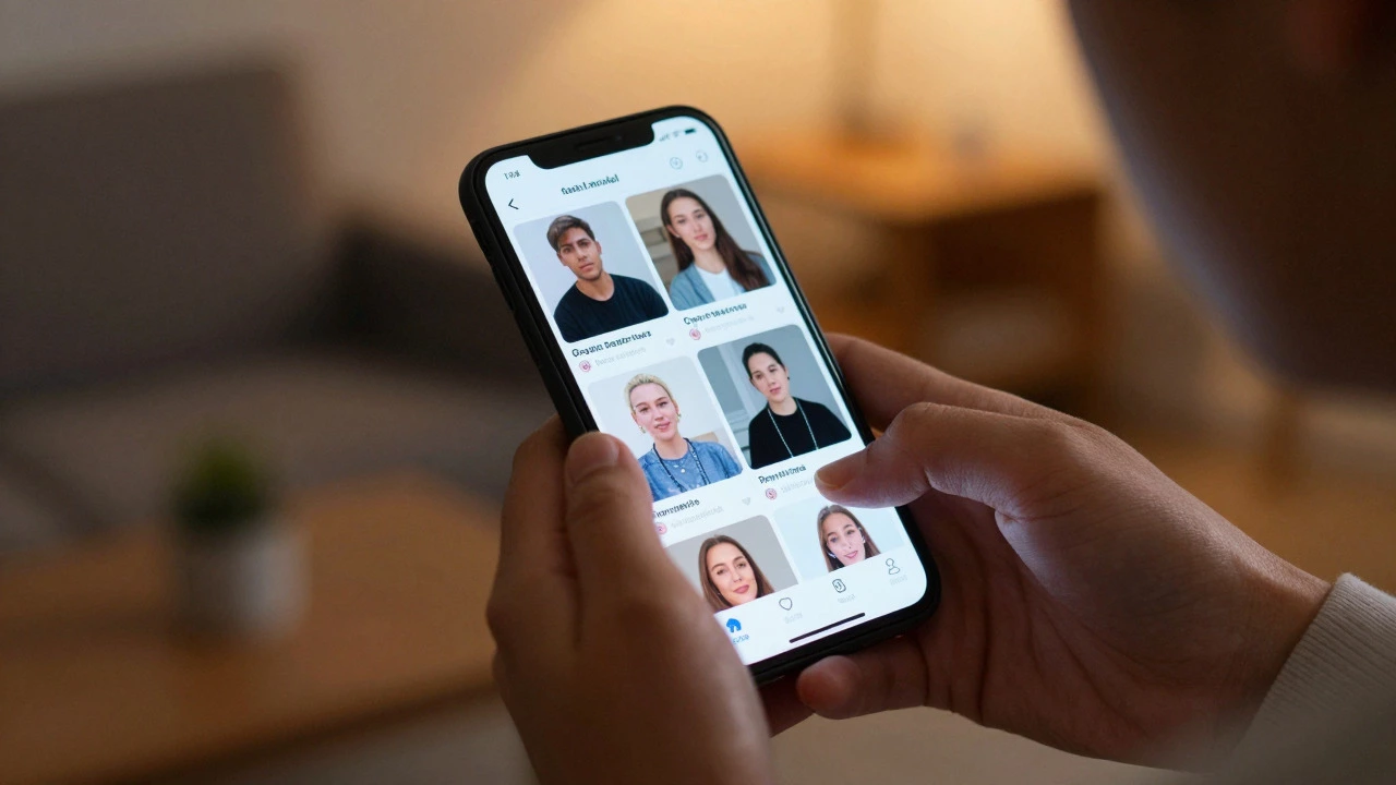 Person viewing social media videos on a smartphone in a cozy home setting