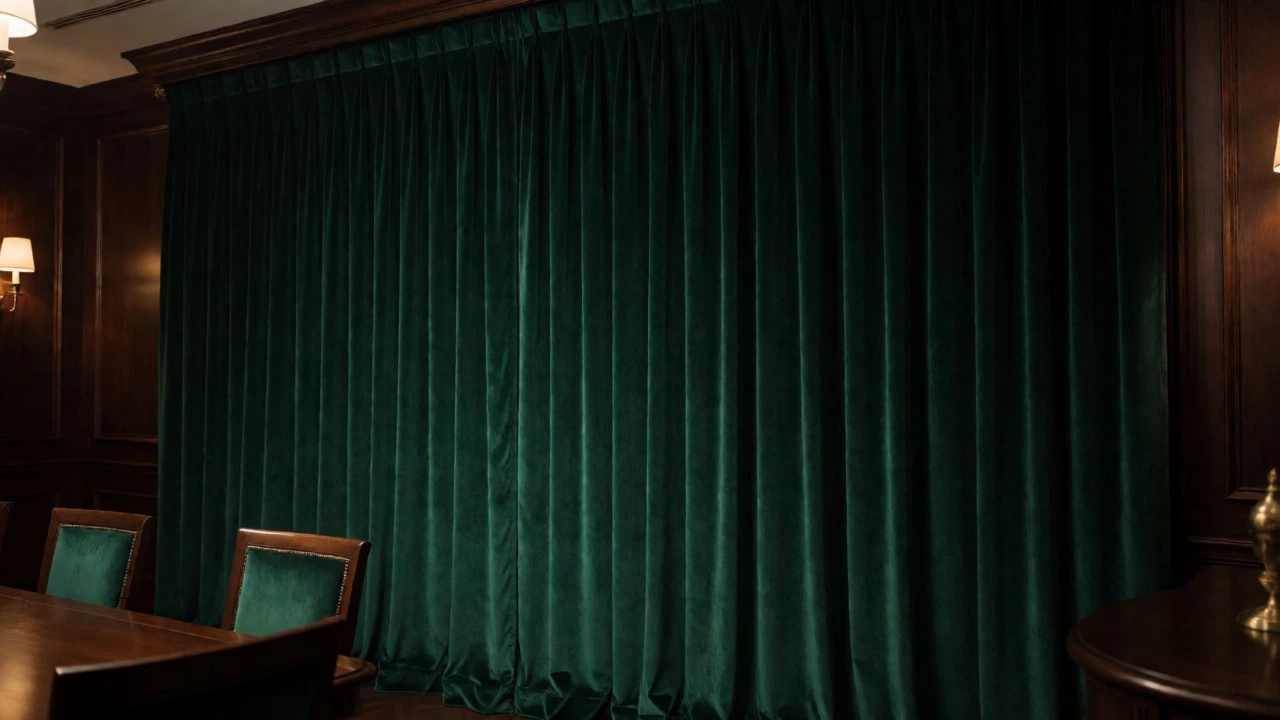 Rich emerald velvet drapes hanging high and wide in a luxurious room