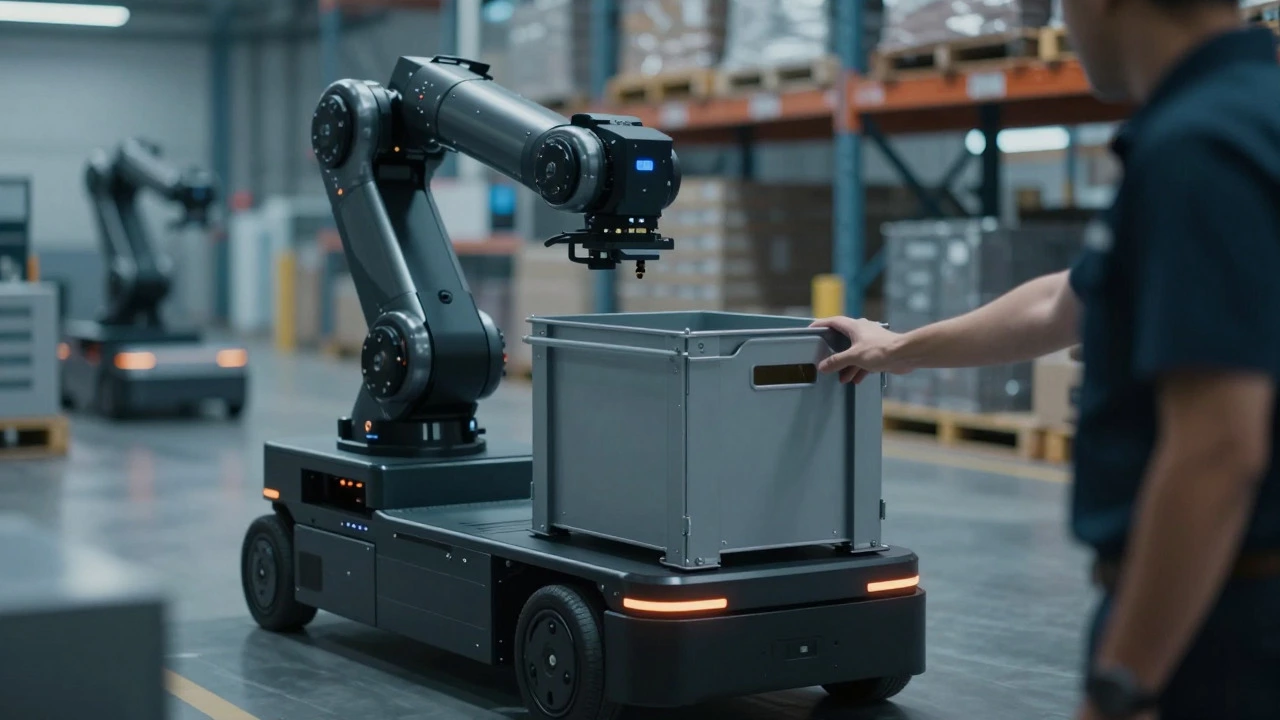 Robotic AGV delivering a storage bin to a human worker in a futuristic warehouse