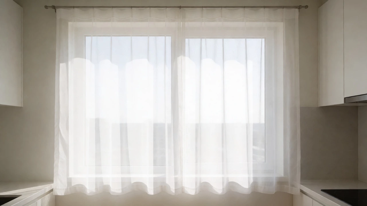 Sheer voile panels softly filtering sunlight in a minimalist space