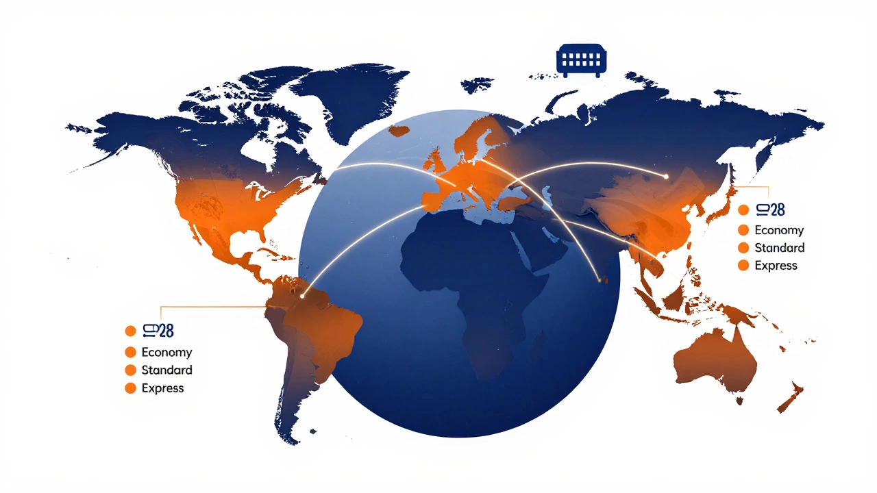 Stylized globe showing global shipping routes and service levels