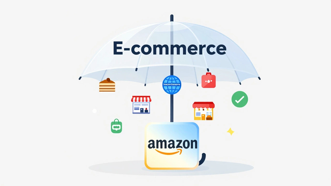 Umbrella icon covering diverse online stores including Amazon