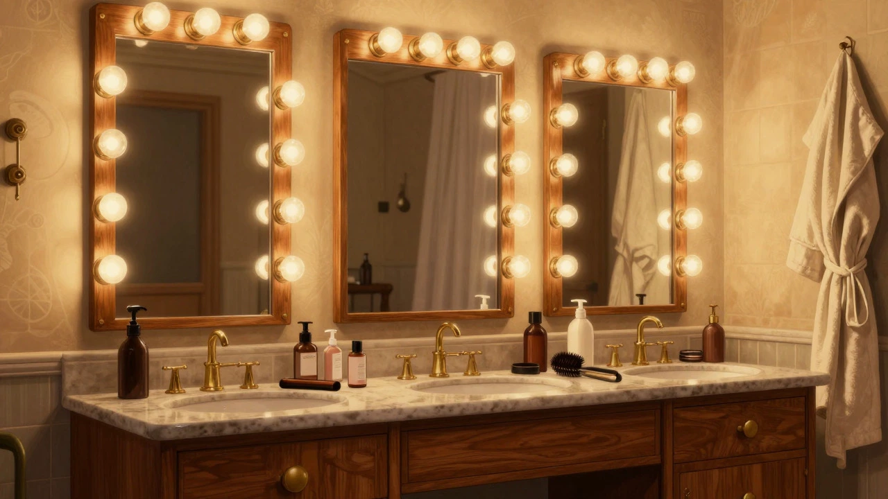 Vintage style vanity with exposed bulb mirrors and warm golden lighting