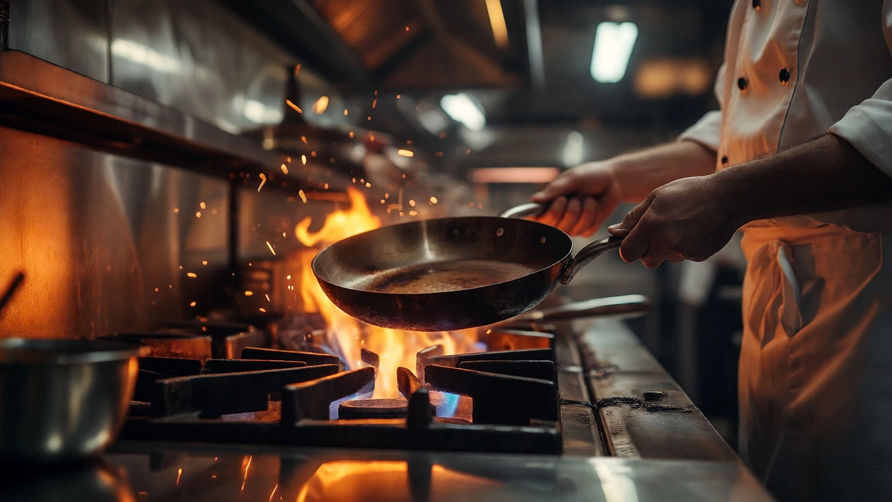 Chef flipping a seasoned carbon steel pan over an open flame in a pro kitchen
