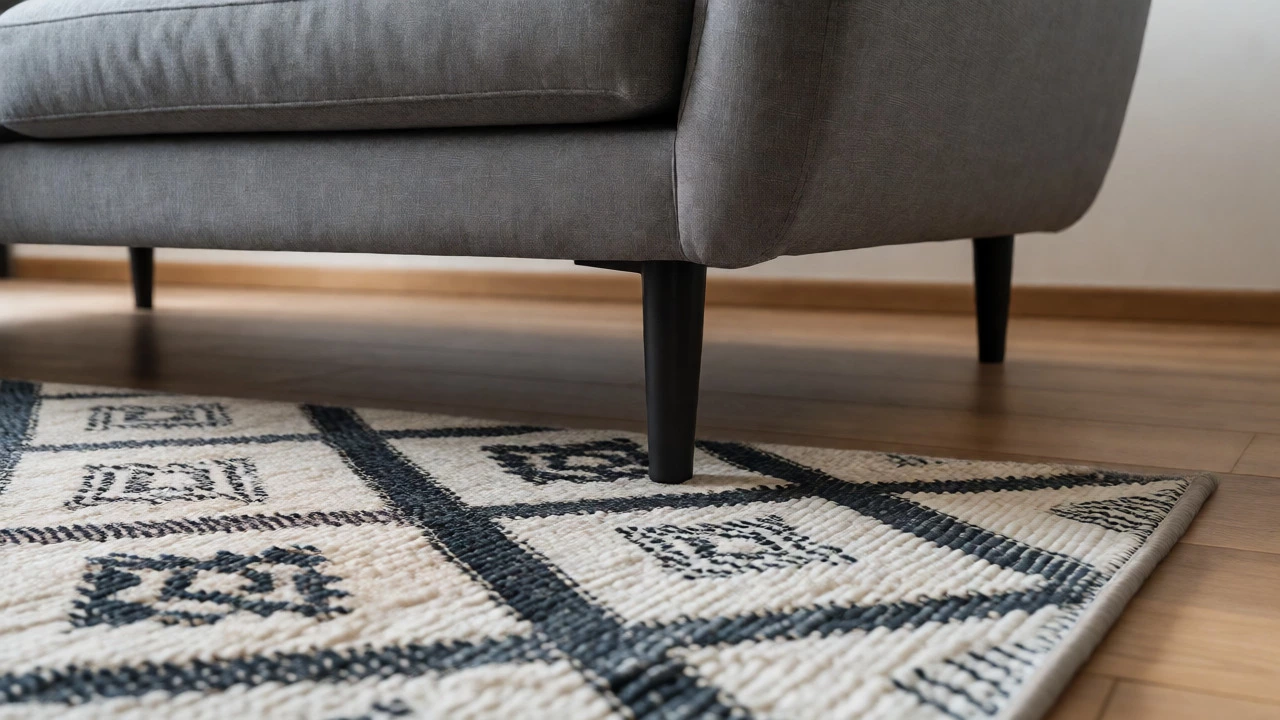 Close-up of a sofa's front legs resting on the edge of a patterned area rug.
