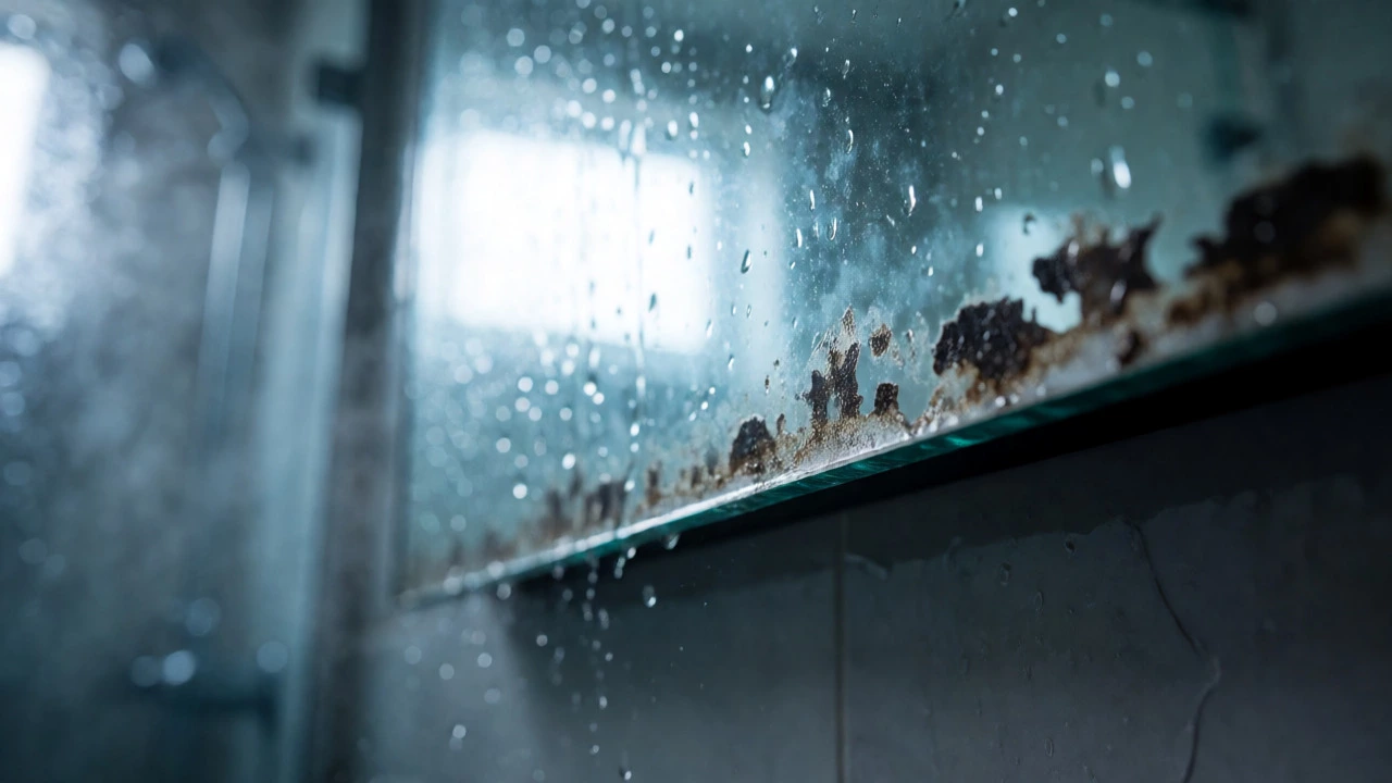 Close-up of black edge corrosion on a humid bathroom mirror