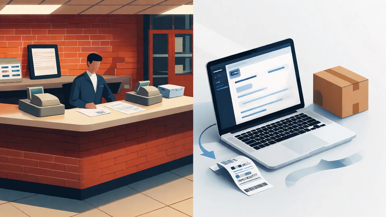 Comparison of busy post office counter versus efficient digital workspace