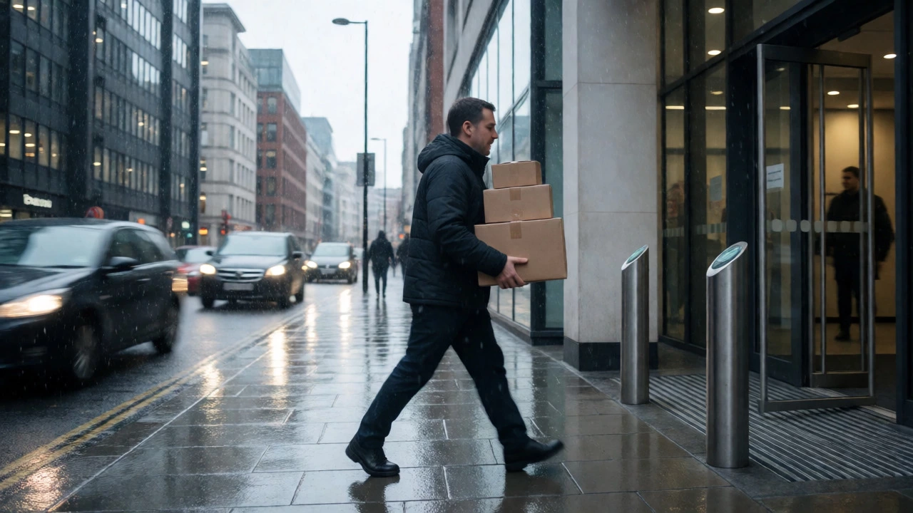 Courier delivering packages in rainy urban city center