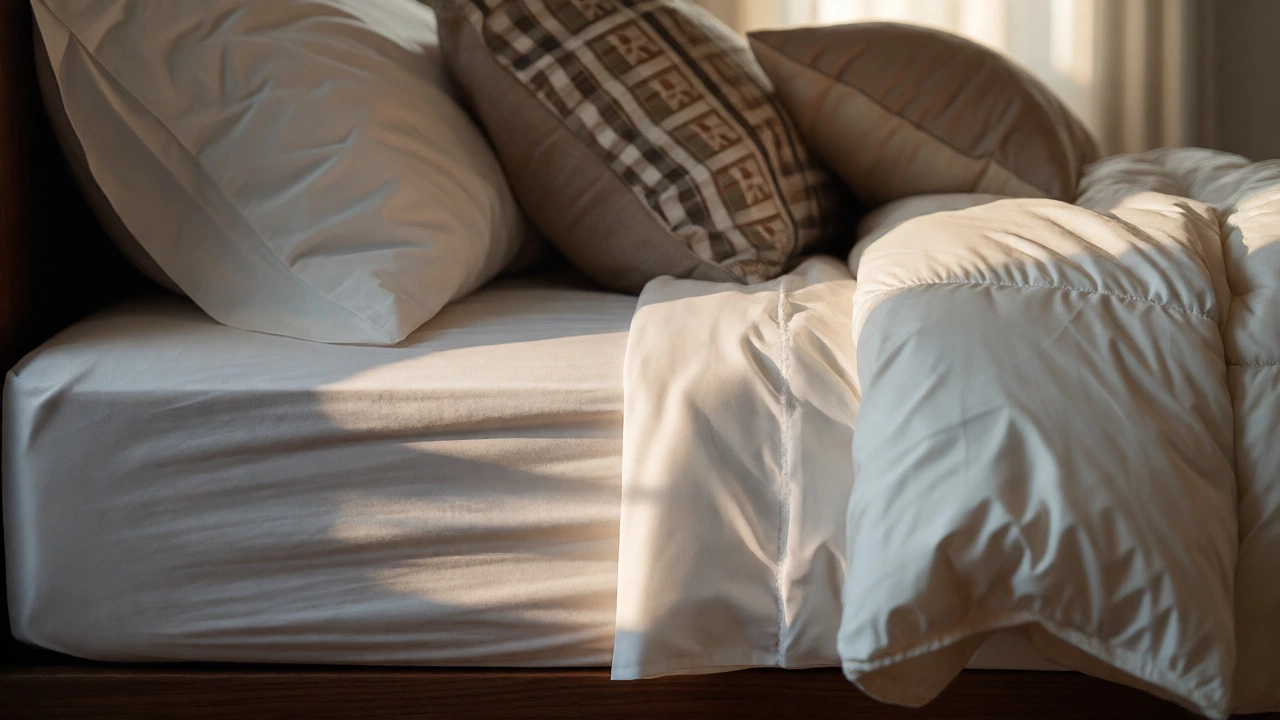Cross-section of bed layers showing sheets, comforter, and shams